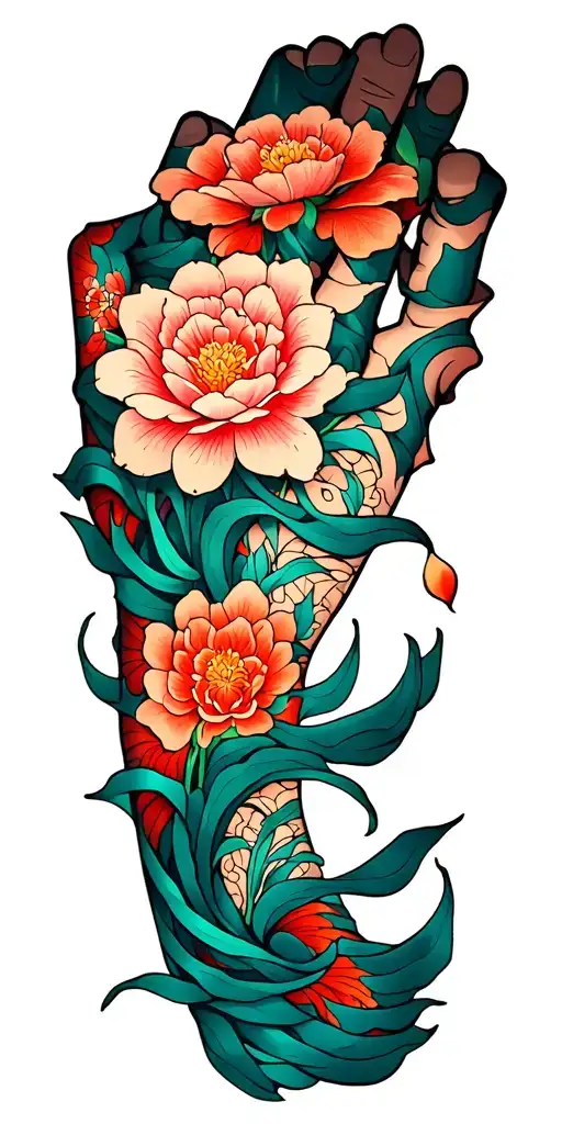 Detailed description of the tattoo on the right handStyle: a mixture of neo-traditional / Japanese / abstract organic tattoo design idea