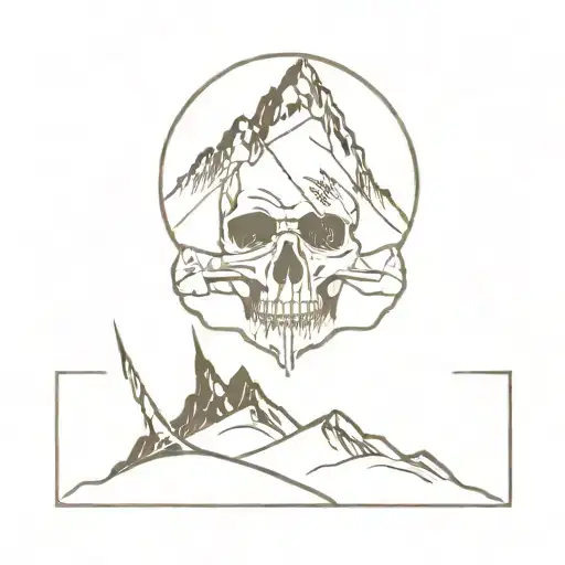 mountains, skull with knife, path, scratches, thread with needle tattoo design idea