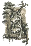 wolf under a oak tree tattoo design idea