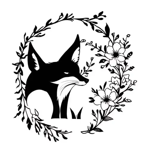 fox family wreathed in flowers tattoo design idea