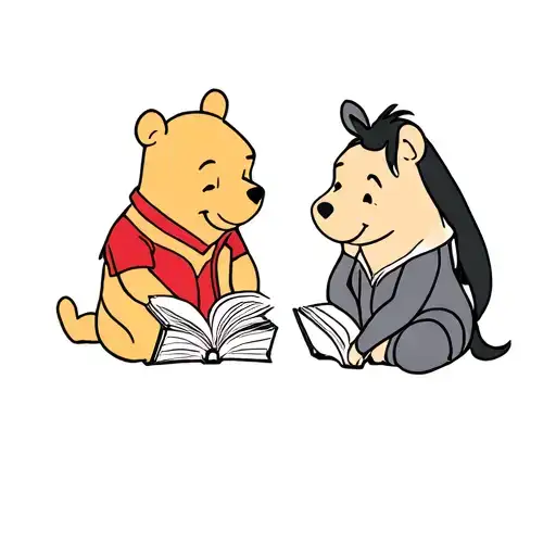 two best friend designs each with a book. one with Winnie the pooh and the other with Eeyore tattoo design idea