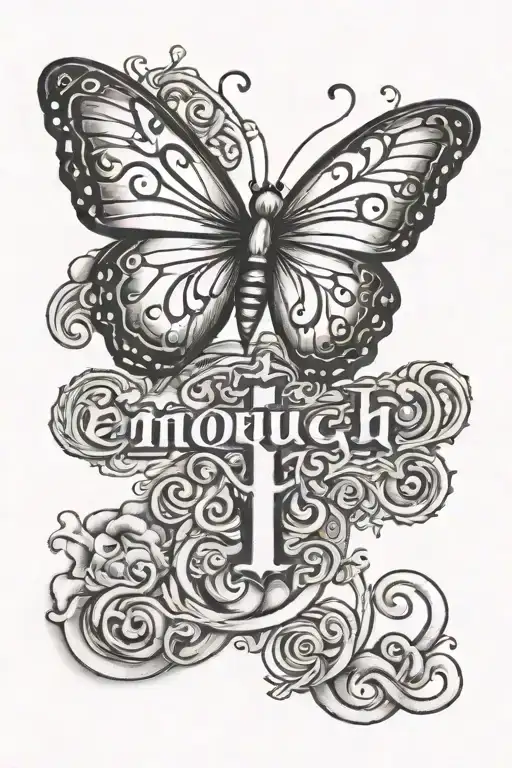 the word "enough" written in cursive with a butterfly and a cross tattoo design idea