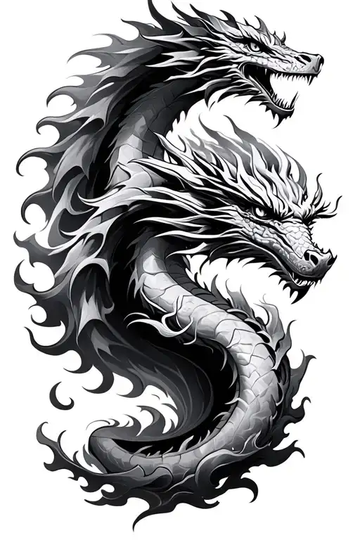 A fire dragon, and an ice dragon, both spiraling up forearm  tattoo design idea