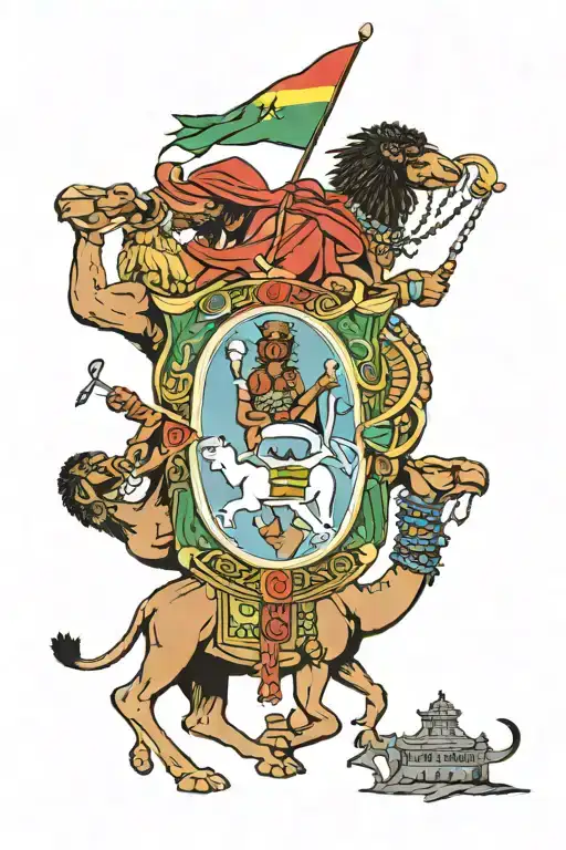 Eritrean flag with camel and 2 African warriors with shields and swords tattoo design idea