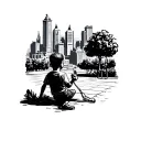 a boy playing in the park with Buenos Aires cityscape tattoo design idea
