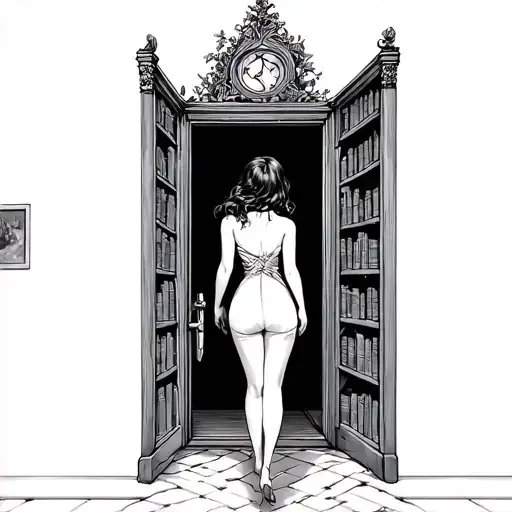 woman opening door into fantasy world with bookshelves around door tattoo design idea