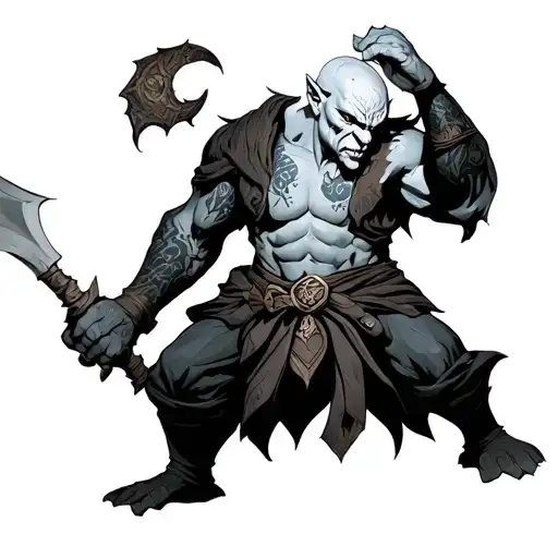 Hobgoblin from D&D with pale white skin and a bald head tattoo design idea