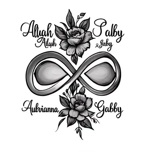 infinity sign with names Aliyah, Aubrianna and Gaby tattoo design idea