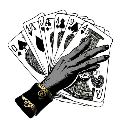 Joker on hand with money cards and numbers 444 tattoo design idea