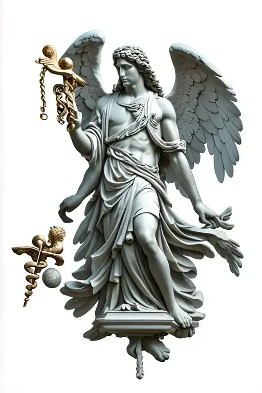 Archangel St Raphael holding a caduceus as a statue tattoo design idea