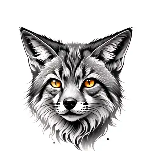 Realistic fox or lynx forearm tattoo, black and gray with subtle color accents (like blue or amber eyes), feminine and m tattoo design idea