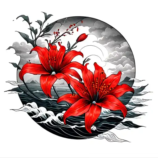japanese half sleeve with red spider lily sea and clouds tattoo design idea