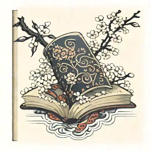 open book with plum blossoms coming out tattoo design idea