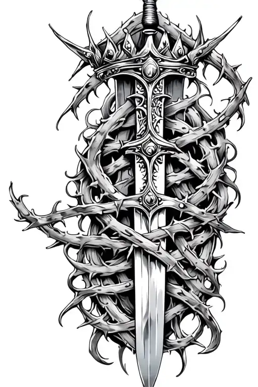 sword with crown of thorns wrapped tattoo design idea