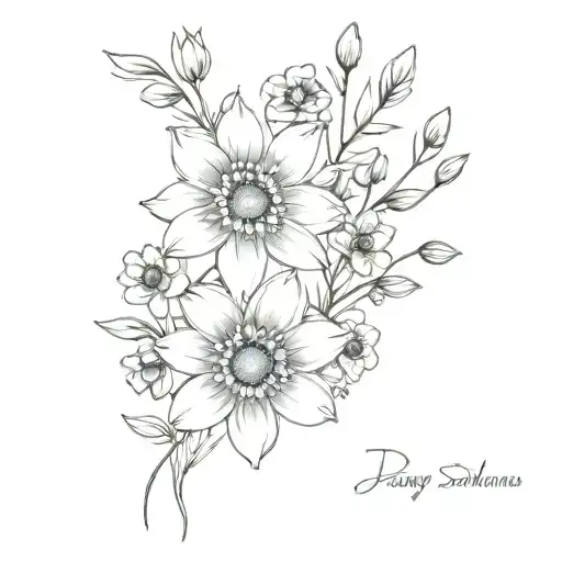 daisy and delphinium bouquet tied tattoo design idea