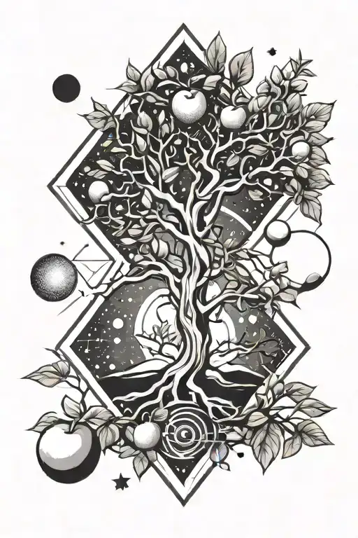 apple tree stars planets tattoo design idea