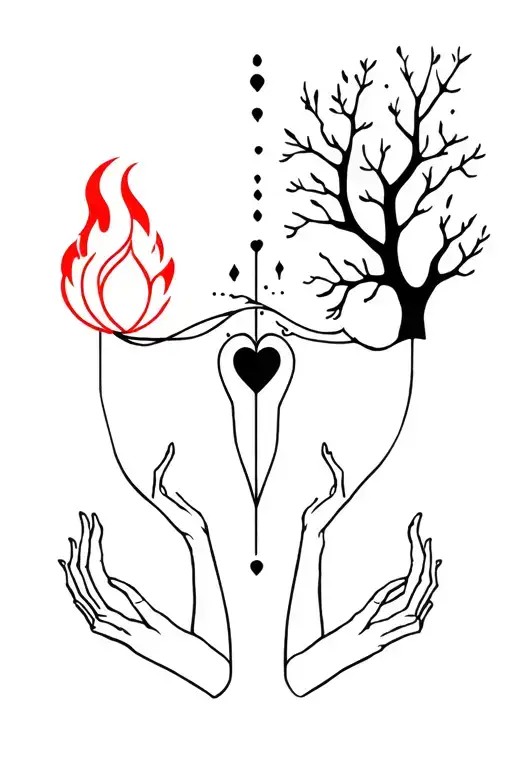 An abstract image that includes a fire, a tree, a black heart and two arms that grab in a stylized way tattoo design idea