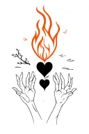An abstract image that includes a fire, a tree, a black heart and two arms that grab in a stylized way tattoo design idea