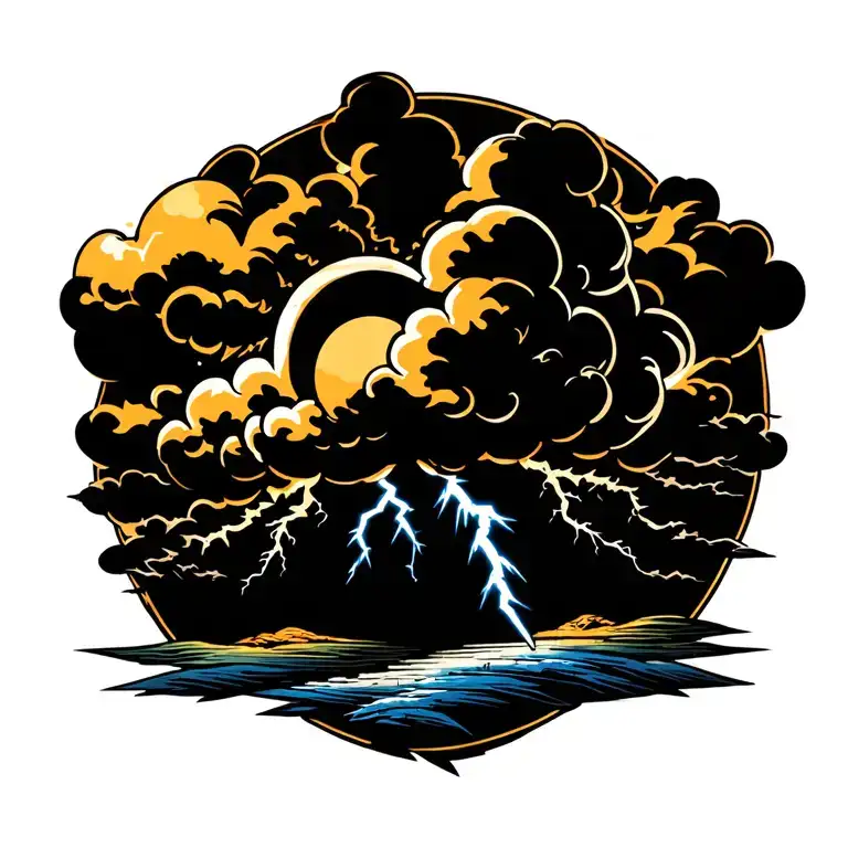 lightning storm clouds with a sun shining tattoo design idea