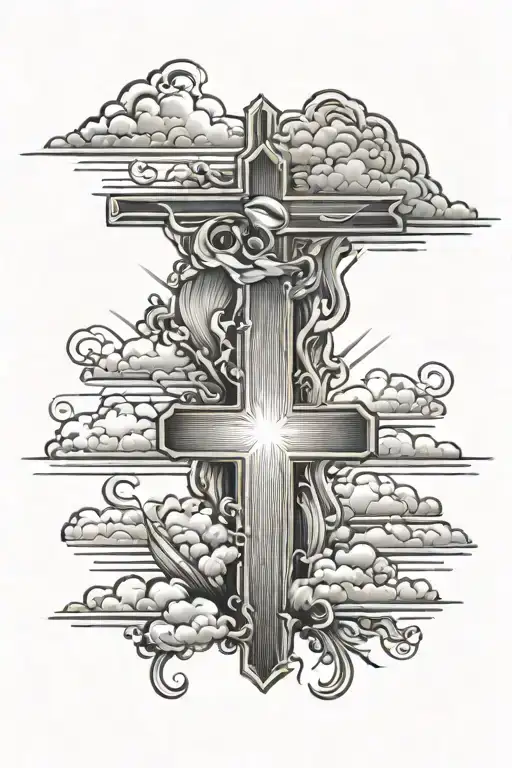 3 paintstroke crosses with rays of sunshine beaming downward with the serenity prayer and clouds HD 4k 8k ultra realism tattoo design idea