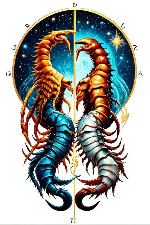 A unique combination tattoo of the astrological signs of your children (Aquarius and Scorpio) intertwined in a celestial design tattoo design idea