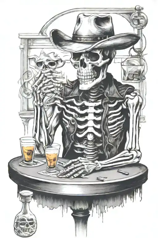 skeleton cowboy at poker table with longhorn skull on wall in a bar setting tattoo design idea