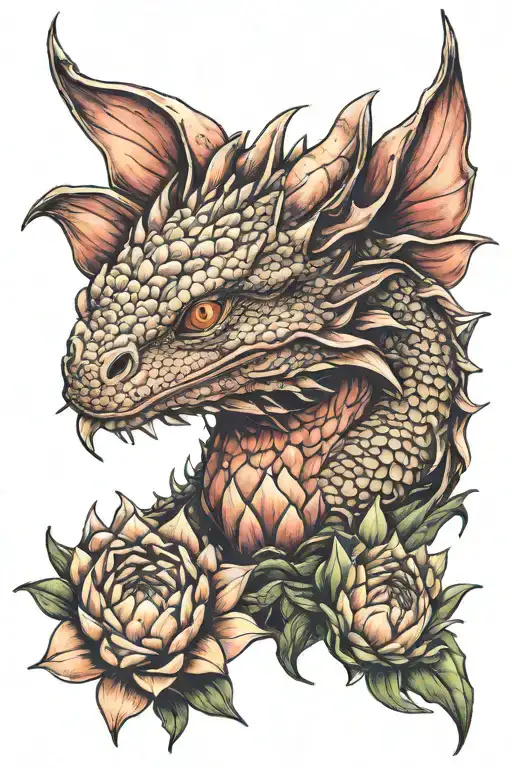 baby sleeping dragon nestled within a protea flower in a storm tattoo design idea