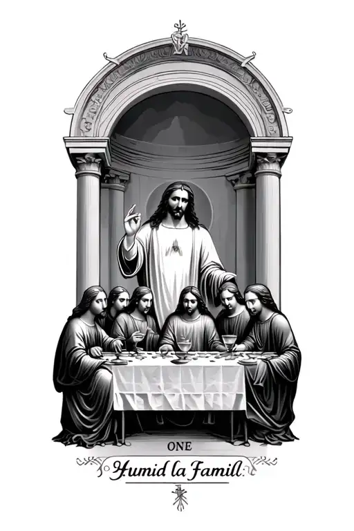 tattoo that says one Hunnid la familia that has Jesus at the last supper table tattoo design idea