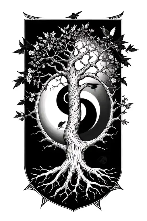 Black White Tattoo Fine Line forearm on the hand, a tree of life is good and evil a little like Jing and yang dark and nicely the evil an old oak with thorn tendrils and ravens. The good with mistletoe and cherry blossoms and leaves with an kingfisher on the branch. Below the roots based on a stain on the side of the hand, even with good and evil roots, good and evil. Of course, you can let off steam in your still, it sounds like a powerful and deeply symbolic tattoo idea with clear duality between good and evil, embedded in the tree of life. I precisely summarize your concept for a fine-line black tattoo for the forearm up to the hand (back of the hand), as a tattoo artist could implement: tattoo concept: life tree “good and bad”-fine line, black and white, forearm to the back of your hand: • Style: fine line, black and white, very detailed. 	• Placement: Starts on the forearm, runs over the wrist and flows into the back of the hand, where the roots branch off.  ⸻ 2. Structure and symbolism: crown of the tree (upper part, direction of the forearm): • duality good & evil-Yin-Yang-like shared: • Left side (evil): • barren, wounded branches that are reminiscent of an old, gnarled oak-thick, powerful and slightly threatening. 	• Torn tendrils that wind around the branches like parasites. 	• One or two ravens that sit in the branches or are shown in flight. 	• Overall, the structure looks dark, heavy and spiky - with a certain morbid beauty. 	• Right side (good side): • rich, healthy branches with fine cherry blossoms, mistletoe and gentle, lively leaves. 	• An kingfisher sits on a branch, in a fine shade, symbol of beauty and hope. 	• The lines are fluid and harmonious, the branches rather slim and elegant.  ⸻ tribe of the tree (forearm center): • neutral in the middle, but with subtle transitions: • half looks rather smooth and holy, the other cracked, shaded and crossed by fine lines. 	• The separation is organic, like a flowing Yin-Yang line-not rigid or symmetrical.  ⸻ roots (lateral back of the hand): • Corresponding to a central point or spot on the side of the hand, as a symbol of origin and connection. 	• Left side (bad roots): • sharp, thorny, like claws - overgrown, chaotic, acting deep into the skin. 	• Right side (good roots): • Gently curved, with small leaves or flowers - powerful, but peaceful.  ⸻ Additional information for the tattoo artist: • Lines fine and detailed - focus on structure instead of strong shading. 	• No hard symmetry, but an organic, balanced composition between good and evil. 	• The transition should look fluid and lively - not like a hard contrast. tattoo design idea