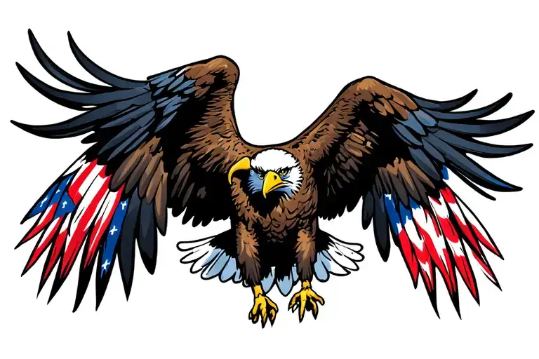 Bald Eagle coming in for a landing with wings spread. The feathers on the wings are the colors of the american flag. tattoo design idea