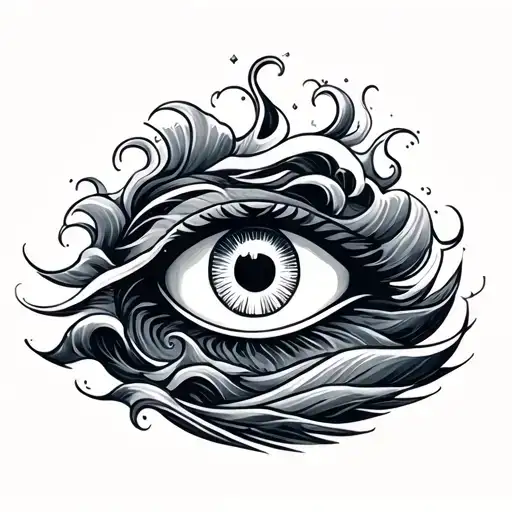 evil eye ,circle karma and ocean waves tattoo design idea