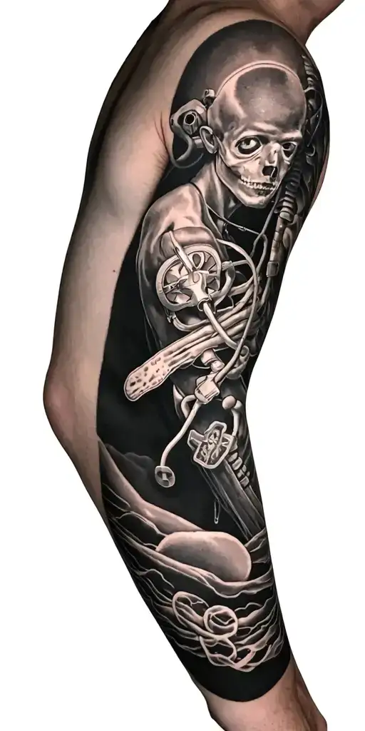 Arm sleeve medical field theme black and gray Towards the shoulder I want older references to medical care and it gets  tattoo design idea
