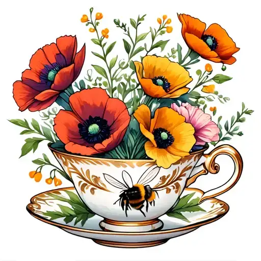 teacup with flying bumblebee poppies & Gladioli Cosmos Holly bouquet tattoo design idea
