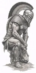 spartan warrior kneeling on the battlefield and looking up to the sky  tattoo design idea