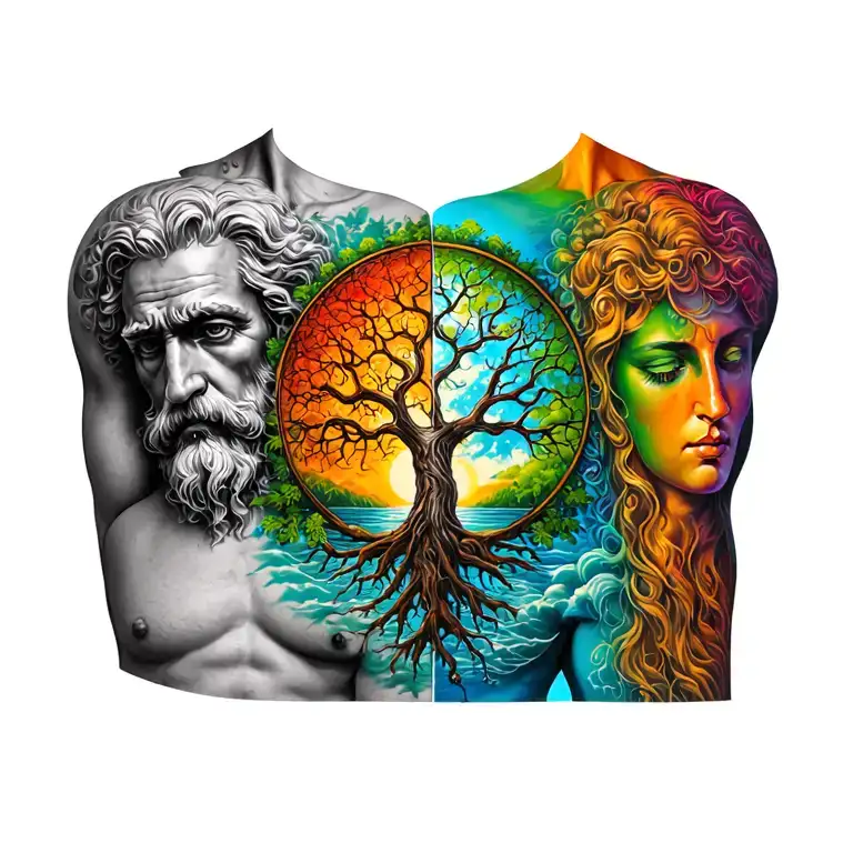 b&w father time left side upper chest colorful mother nature right side upper chest and tree of life in middle of chest tattoo design idea