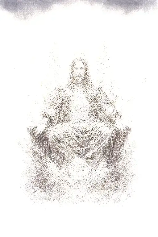 king of kings sitting on throne of cloud and fire surrounded by flying angels in black tattoo design idea