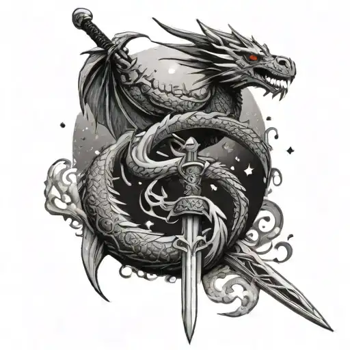 filipino sword with the bakunawa(the moon eater dragon) wrapped around it and moon upbove with stars surrounding  tattoo design idea