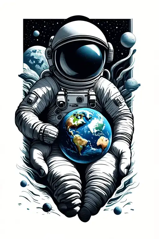 astronaut floating in space with earth in hands tattoo design idea