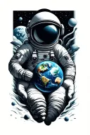 astronaut floating in space with earth in hands tattoo design idea