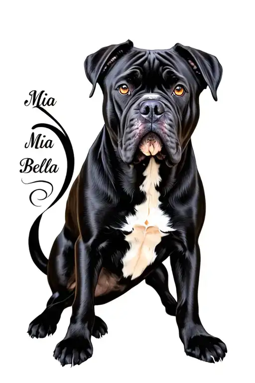 "Mia Bella" beautiful black female Cane Corso with cropped ears and docked tail and a white blaze on chest with amber eyes tattoo design idea