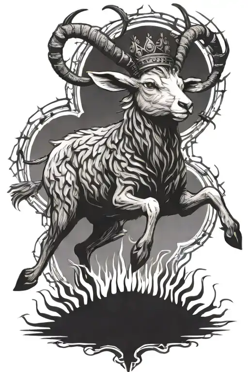 full body lamb jumping with crown of thorns and flaming eyes gothic style tattoo design idea