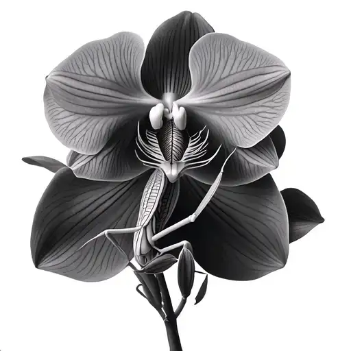 realistic Orchids with praying mantis  tattoo design idea