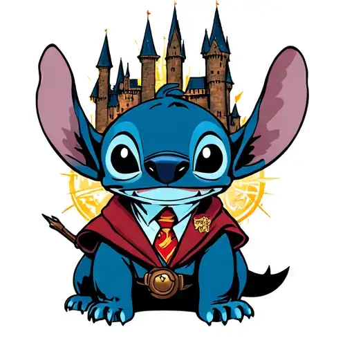 stitch character dressed like harry potter with Hogwarts castle tattoo design idea
