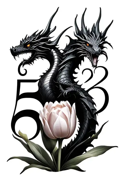 tulip flower, dragons and the numbers "5" and "22" tattoo design idea