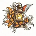 old lantern with flame and shadow of a moth emerging tattoo design idea