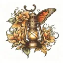 old lantern with flame and shadow of a moth emerging tattoo design idea
