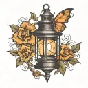 old lantern with flame and shadow of a moth emerging tattoo design idea
