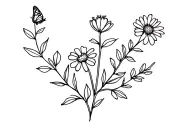 Simple line tattoo of butterfly bush sprig, daisy, buttercup, tulip, honeysuckle, and other flowers  tattoo design idea