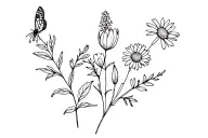 Simple line tattoo of butterfly bush sprig, daisy, buttercup, tulip, honeysuckle, and other flowers  tattoo design idea