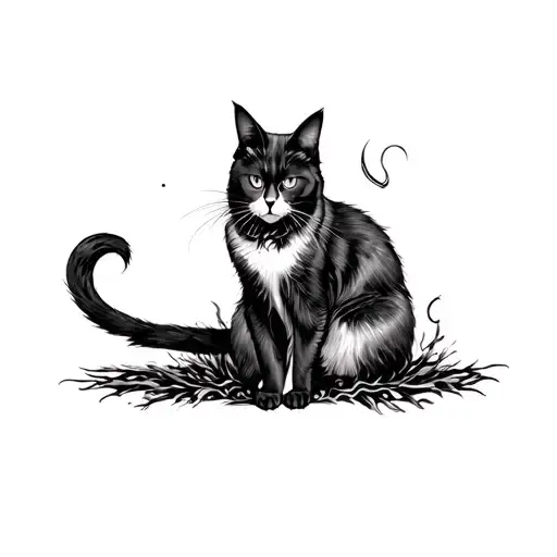 "Design an intricately detailed tattoo featuring a slender, feminine mystical witch cat standing upright on her hind leg tattoo design idea